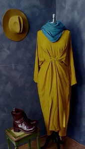 FLASH SALE Sheth V-Ausschnitt vorne zum Binden Wolle Kaftan Kleid senfgelb Einheitsgröße neu ohne Etikett - Bild 1 von 19