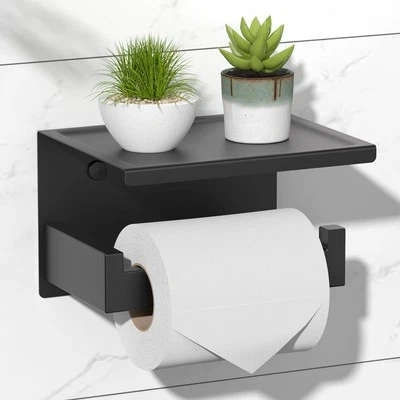 HITSLAM Matte Black Toilet Roll Holder with Phone Shelf, Stick on  - Image 1 of 4
