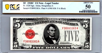 $5 1928-C Legal Tender "RED SEAL" PCGS 50 ABOUT UNC Fr. 1528 - Image 1 of 3