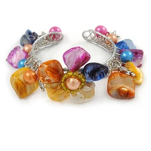 Multicoloured Sea Shell, Faux Pearl Bead Floral Cuff Bracelet In Silver Tone - - Picture 1 of 5