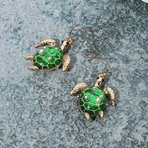 NEW Green Glitter Confetti Gold Sea Turtle Dangle Earrings w/ Faux Pearl Accents - Picture 1 of 1