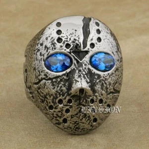 Stainless Steel Blue CZ Eyes Halloween JS Mask Hockey Ring R119C - Picture 1 of 18