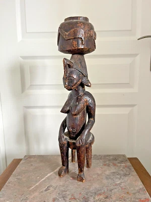 Ancien Sculpture Bois Femme Assise Tabouret Africaine Art Africain Côte Ivoire - Photo 1/4