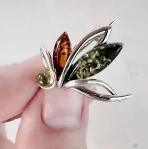 Tri color Baltic Amber Sterling Silver Brooch Butterfly leaves - Picture 1 of 6