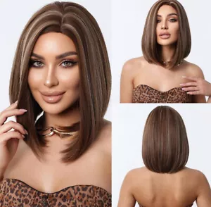 Damen Frauen Bob kurze lockige Naturhaarperücken braun Mix Cosplay Perücke UK - Bild 1 von 2