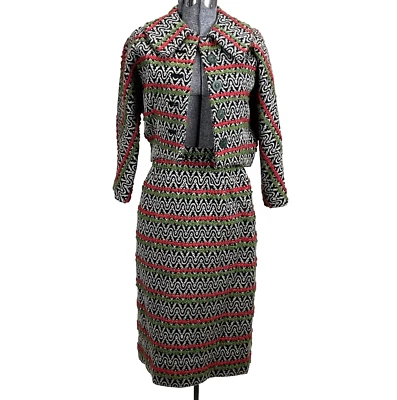 Vintage 60s Handmade Boucle Suit XXS Cropped Jacket Skirt Green Red Black - Image 1 of 4