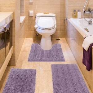 ACCUMTEK Striped Lavender Bathroom Rug Set 3 Pieces Ultra Soft, Non Slip Chenill - Picture 1 of 6