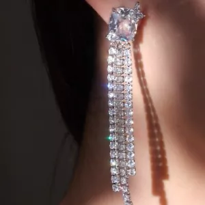 White gold 925 silver made with SWAROVSKI crystal stud dangle tassel earrings - Picture 1 of 5