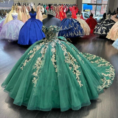 Emerald Green Quinceanera Dress Ball Gown XV Sweet 15 16 Floral Girl Party - Image 1 of 4