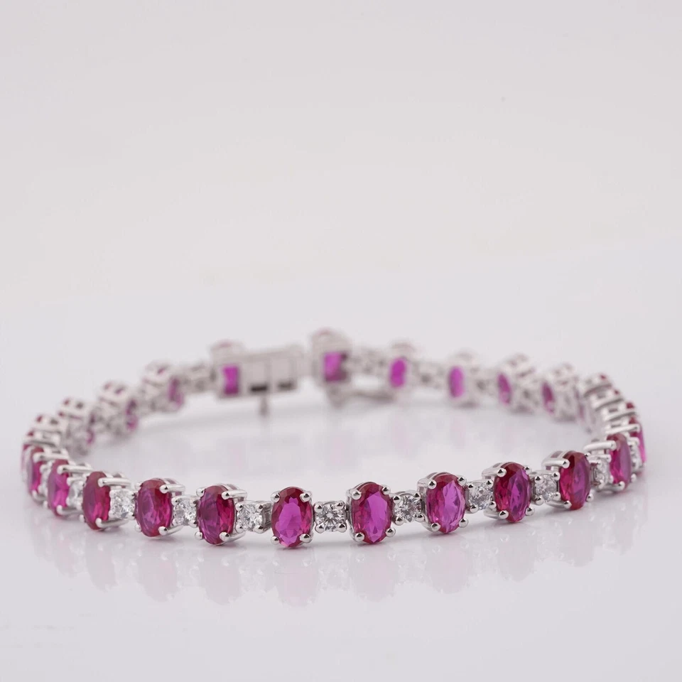 Brazalete Tenis Rubí Creado en Laboratorio Corte Ovalado Chapado en Oro Blanco 14K Para Regalo Foto 1 de 4