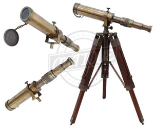Telescopio de latón vintage con soporte de trípode de madera decoración antigua hogar y oficina regalos - Imagen 1 de 5