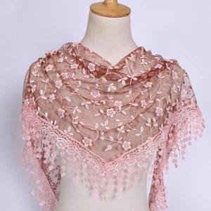 Women Lace Floral Triangle Scarf Sheer Tassel Shawl Scarves Elegant Head Wrap - Picture 1 of 31