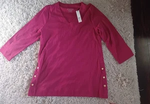 Nuevo con etiquetas Top túnica de algodón Chico’s Pima talla 2 L rosa flor botón lateral cuello en V - Imagen 1 de 5