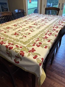 Couleur Nature French Tablecloth Red Cherries Cream with Green Border 59" x 86" - Picture 1 of 13