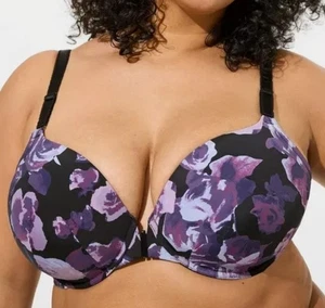 NEU TORRID CURVE 42DD BH schwarz lila Blumen perfektes T-Shirt vorne geschlossen - Bild 1 von 8