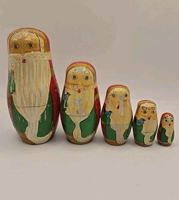 VTG 5-Piece Hand Painted Santa Claus Nesting Dolls Christmas Matryoshka Set - Immagine 1 di 4