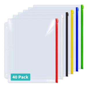 40 Pack Plastic Zippered Binder Pockets, 3-Hole Punched for 3 Ring Binder, Cl... - Picture 1 of 8