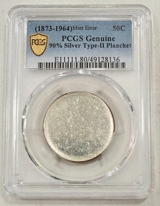 1873-1964 90% Silver 50c Blank Planchet Type 2 Rare Error PCGS Genuine UNC - Picture 1 of 2
