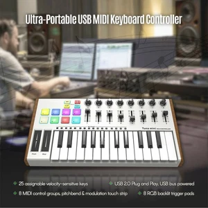 25 Tasten Tragbarer Mini Midi Keyboard Controller mit 8 RGB Hintergrundbeleuchtung Drum Pads MHOM - Bild 1 von 10