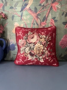 Waverly Red Floral Cottage Cabbage Rose Red Velvet Back Throw Pillow Feather - Picture 1 of 6