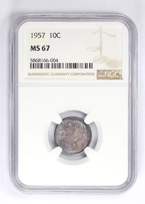 1957 Roosevelt Dime 10C NGC MS67 Toning - Image 1 of 4