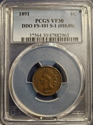 1891  Indian Head Cent  * Double Die Obverse * FS-101  S-1 (010.88) * PCGS VF30 - Image 1 of 4