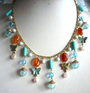 super süße BettelKette Collier Achat Perle Stein Emaille Schmuck gold türkis NEU - Bild 1 von 2