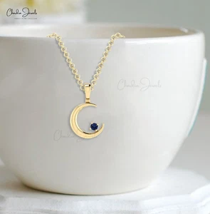 14k Fine Gold Blue Sapphire Moon Pendant 2mm Natural Gemstone Celestial Necklace - Picture 1 of 22