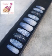 Hand Painted False Nails Blue Ombre Press On Nails Long Coffin