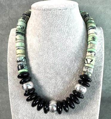 Necklace Earrings 19" Green Turquoise Rondelles Black Glass Sterling Silver Bead - Image 1 of 4