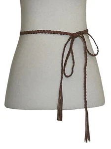 Damen Gürtel Einheitsgröße braun vegan Leder geflochten Binde Fransen dünn verstellbar Boho - Bild 1 von 5
