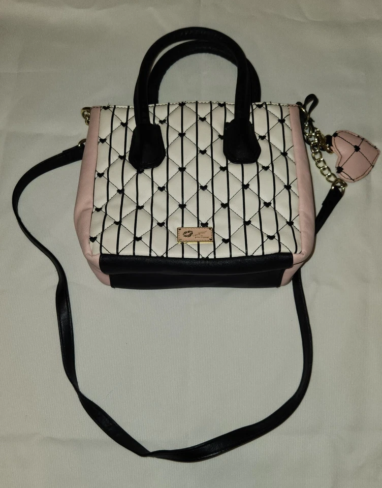Betsy Johnson White And Pink Handbag Purse With Black Hearts - Shoulder Strap  - Image 1 of 4