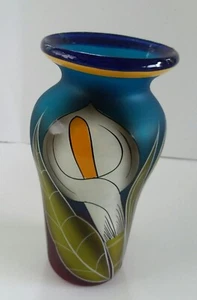 Hand Blown Mexican Painted Glass Vase Floral Colors - Foto 1 di 9