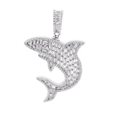 Argento Sterling Shark Hip Hop Ciondolo Con Baguette Forma Zircone Cubico Pietre - Immagine 1 di 2