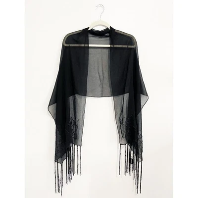 Bijoux Terner Shawl Scarf Black Beaded Fringe Wrap Sheer Evening Cocktail Boho - Image 1 of 4
