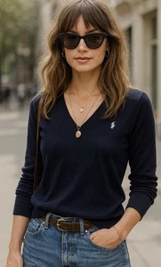 Polo Ralph Lauren Sweater Womens S Pima Cotton V Neck Blue Pony Logo.       T - Picture 1 of 8