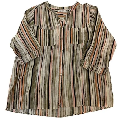 Coral Bay Striped Button Flowy Shirt Relaxed Linen Rayon Career Casual 1X New - Image 1 of 4