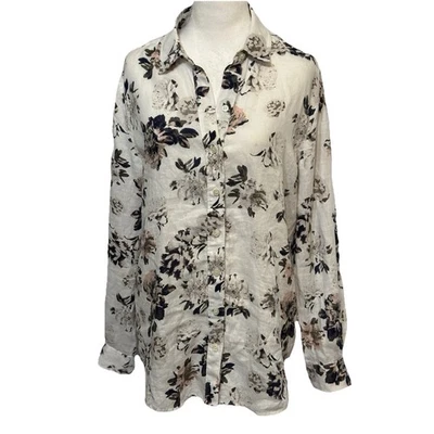 Vintage Lord & Taylor 100 % Linen White Floral Blouse Sz L Coastal Cool Corpcore - Image 1 of 4