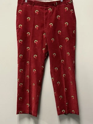Orvis Red Corduroy Pants Embroidered Christmas Wreath Holiday Chinos—Size 38 - Image 1 of 4
