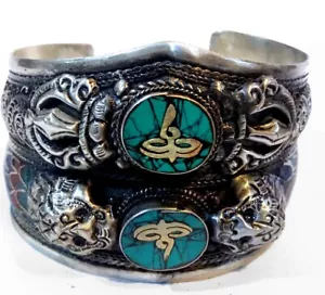 Tibetisches Silber Nepal Armband Türkis Koralle Drache Armreif Buddha Augenmanschette - Bild 1 von 2