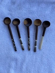 (5) Vintage Hand-carved Wood Batiked Bone Inlay Condiment 6" Teaspoons - Picture 1 of 4