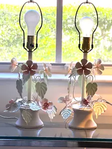 Vintage 1960er (2) italienische 22" H Tischlampen GESCHIRR MOHNBLUMEN ORANGE METALL BLUMEN - Bild 1 von 24
