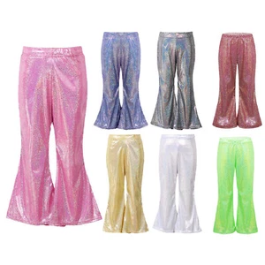 Kids Girls Boys Shiny Hip Hop Jazz Dance Flared Trousers Sequins Bell Bottoms - Picture 1 of 79