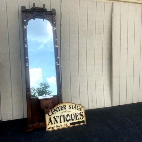 64563 Antique Victorian Walnut  Pier Mirror with Shelf Cover