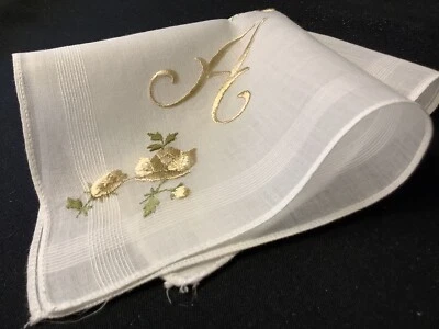 #7154🌟Vintage 40s Shiny CHAMPAGNE SATIN Monogram “A” Handkerchief🎁Great Gift! - Image 1 of 4