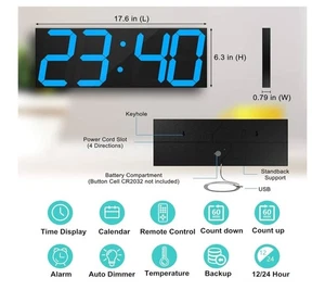 LED Large Digital Wall Clock, Oversize Wall Clock  6” Numbers, Remote, Blue - Picture 1 of 4