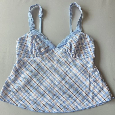 No Boundaries XS Azul Cuadros Cami Top Lencería Encaje Borde Y2K Correa Ajustable Foto 1 de 4