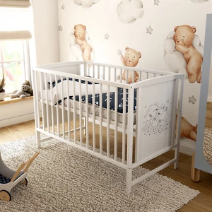 Babybett Gitterbett Kinderbett 120x60 Weiß Bärchen Motiv mit Matratze - Bild 1 von 7