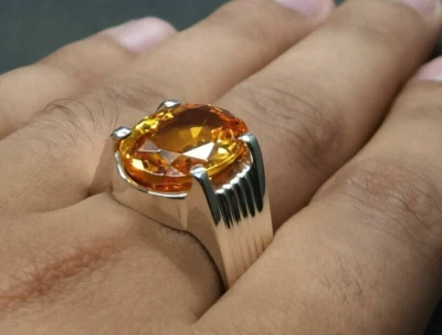 6 Ct Oval Cut Lab Created Citrine IN 925 Silver For Men's Solitaire Wedding Ring - Image 1 of 4