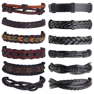 12pcs Mens Retro Multi-layer Braided Leather Cuff Wrap Bracelet Set Adjustable - Picture 1 of 7
